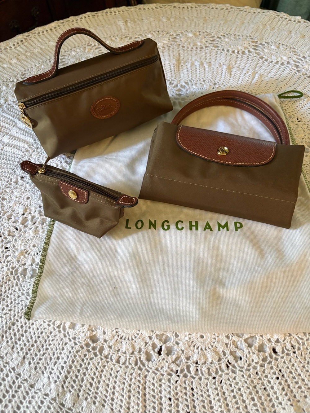 Longchamp Brown Nylon Trio with Tan Leather Trim